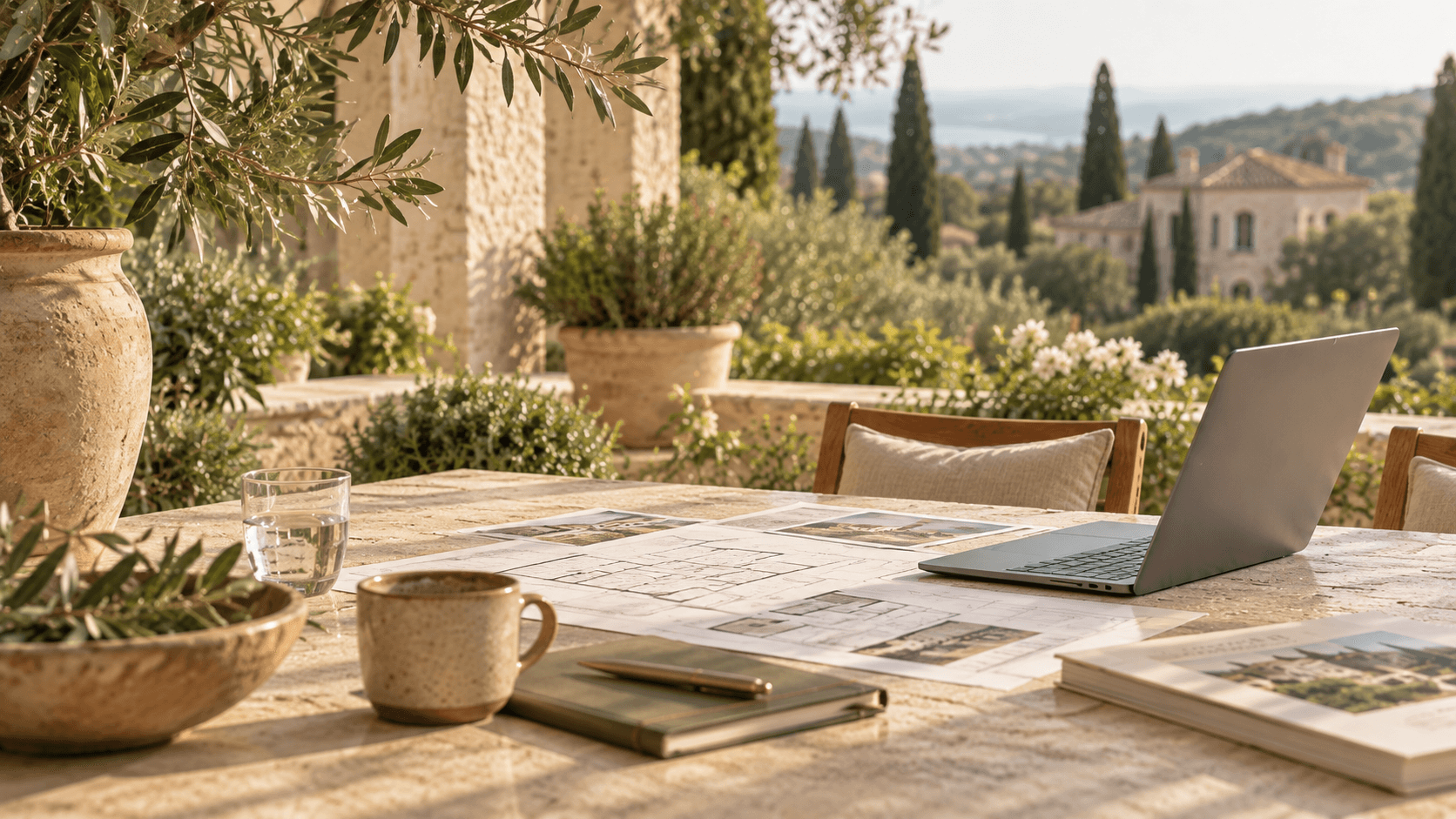 Property plans, laptop and Mediterranean greenery on a Portuguese terrace
